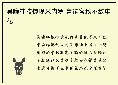 吴曦神技惊现米内罗 鲁能客场不敌申花